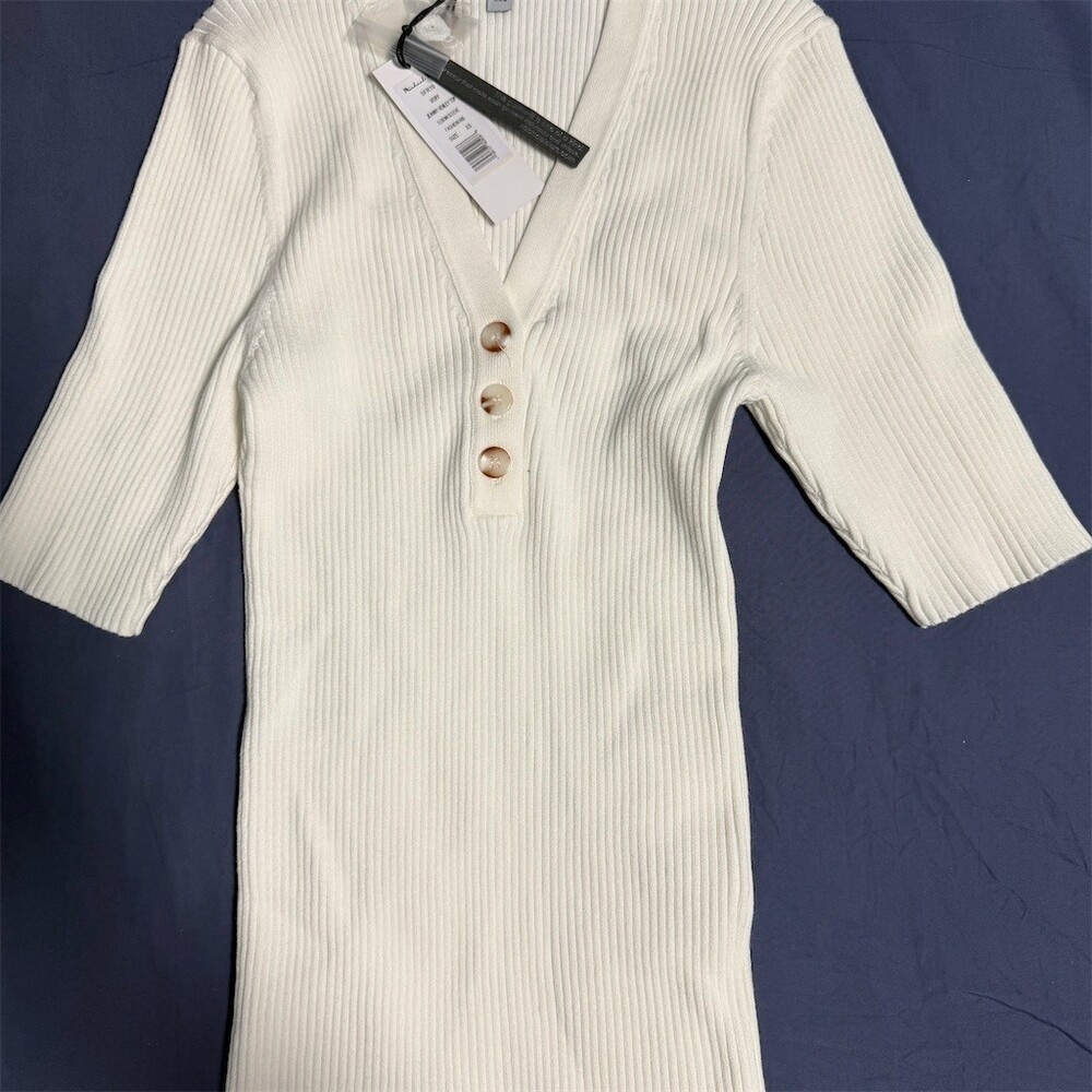 Michael Stars Womens XS Ivory Ribbed Henley V-Neck 3/4 Sleeve Short